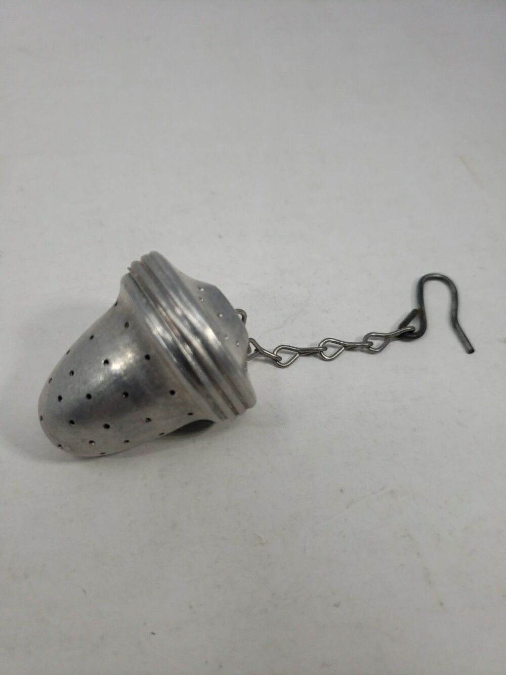 Vintage MCM Aluminum Acorn Shaped Tea ball Infuser Strainer with Hook & Chain